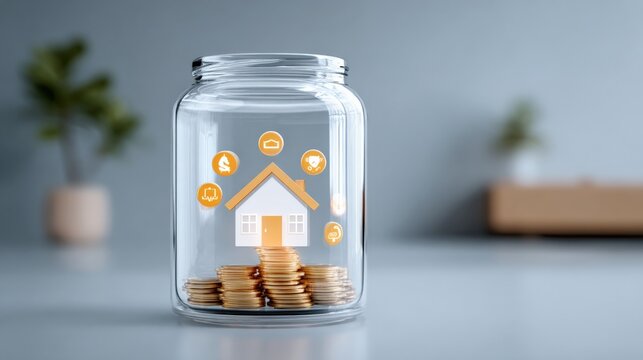 Modern digital savings and investment concept with online banking icons in a transparent jar containing gold coins on a blurred background