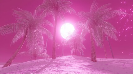 Palm Trees on a Sandy Beach Under a Bright Sun and Pink Sky