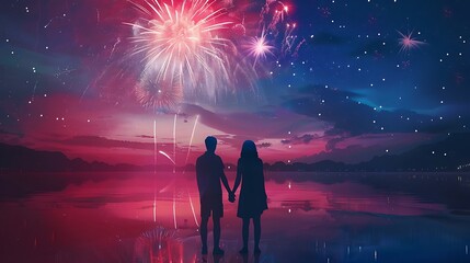 Fototapeta premium Silhouetted Couple Holding Hands Watching Fireworks Over Lake at Night