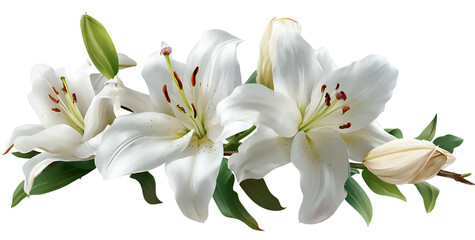 A cluster of elegant white lily flowers isolated on transparent background
