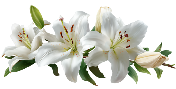 A cluster of elegant white lily flowers isolated on transparent background