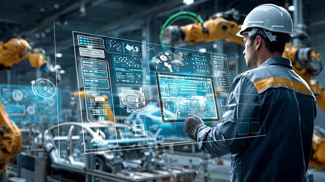 Innovation in Motion: A skilled engineer in protective gear operates a cutting-edge digital interface, commanding robotic arms and overseeing intricate processes, symbolizing precision, progress.