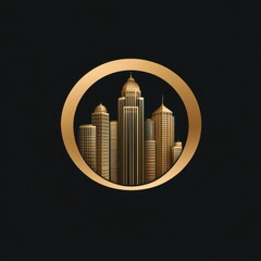 Urban skyline design featuring gold accents with modern buildings in a circular frame against a dark background