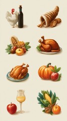 Culinary celebration featuring turkeys, pumpkins, and seasonal fruits captured in an artistic style