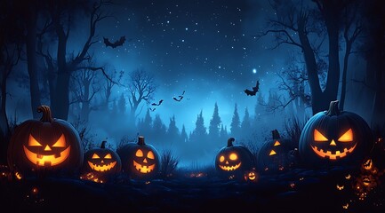 Glowing Jack O Lanterns in a Spooky Forest at Night with Bats halloween pumpkin