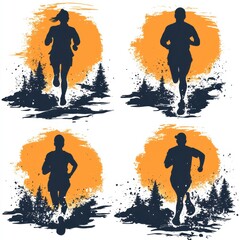 Running silhouettes against a vibrant sunset with trees in the background