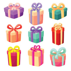 Set of colorful cartoon gift boxes with ribbons and bows, festive vector illustration