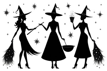 Three witch silhouettes with hats and brooms stand together under a starry night sky isolated on transparent background