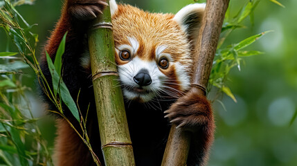 Red panda climbing bamboo in lush green forest, showcasing its playful nature and vibrant fur