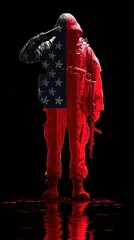 Soldier saluting with American flag overlay in a dramatic red and black background