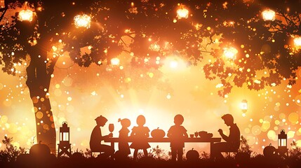 Silhouetted Family Gathering Under Glowing Autumn Tree During Sunset