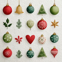 Colorful Christmas ornaments and decorations in various shapes adorn a festive design for holiday cheer during winter celebrations