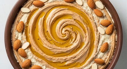 Fototapeta premium Homemade creamy almond hummus dip swirled with golden olive oil and garnished with nuts in a rustic bowl. A healthy and flavorful appetizer.
