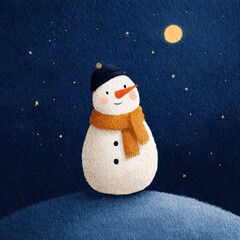 Snowman stands cheerfully under a starry night sky during winter season with a charming orange scarf and blue hat