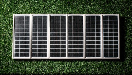 Array of six solar panels arranged horizontally on a vibrant green turf background. Each panel displays a gridded pattern with a light frame