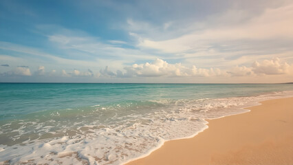 Fototapeta premium Tranquil Beach Scene with Gentle Waves and Soft Clouds Under Bright Blue Sky