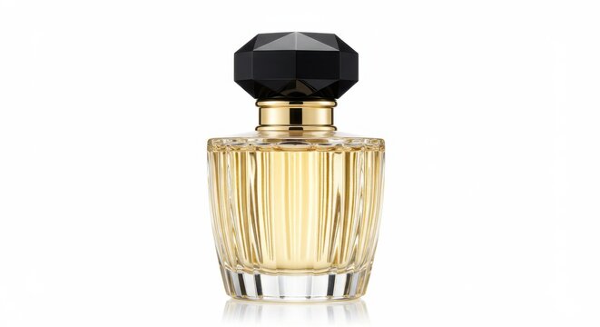 Elegant perfume bottle with golden liquid and black cap white background