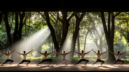 Synchronized Yoga Warriors Seven Women Strike a Pose Amidst SunDrenched Forest