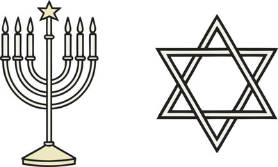 Hanukkah icon set with traditional Jewish holiday symbols and elements. Decorative Hanukkah icon collection featuring menorah candles and dreidels. Jewish holiday Hanukkah icon pack with festive