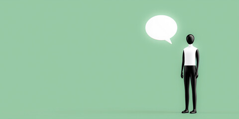 Obraz premium 3D illustration of a black mannequin standing on a green background with a speech bubble, representing communication, expression, and dialogue in a minimalist design concept
