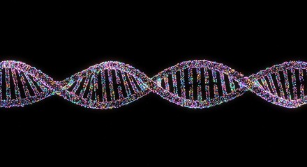 Illuminated DNA Strand: A Colorful, Abstract Representation on Black Background