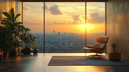 Modern interior with city view at sunset