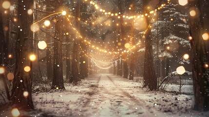 Fototapeta premium Snowy Forest Path with Warm Golden String Lights During Winter Evening