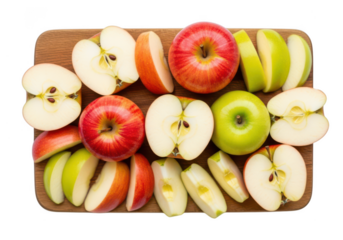 Overhead view of sliced red and green apples on wooden board fruit food