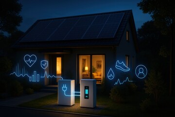 Smart home energy storage. Modern home with solar panels and electric vehicle charger illuminated at night.