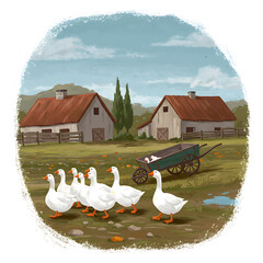 Farm Geese Parade: Rustic Countryside Scene with White Geese and a Cart