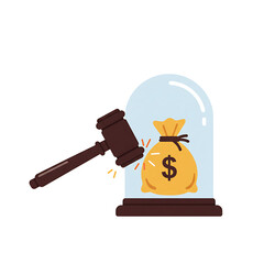 Gavel Striking Money Bag Under Glass Dome: Legal Protection of Funds, Financial Security, Asset Protection