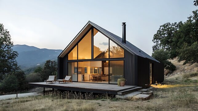 Modern a frame cabin nestled in the mountains at dusk