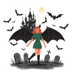 Halloween Witch Girl with Bat Wings near Haunted Castle and Graveyard