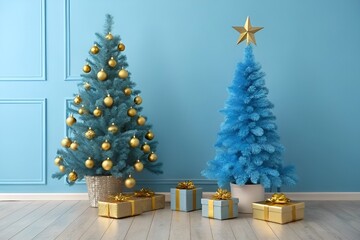 Photo-Realistic Blue Christmas Tree with Gold Ornaments and Gifts