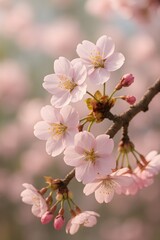 Fototapeta premium Close-up of pink cherry blossoms in full bloom on a spring branch 