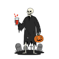 A Spooky Skeleton Celebrates Halloween with a Drink and a Jack-o'-lantern Near Graves