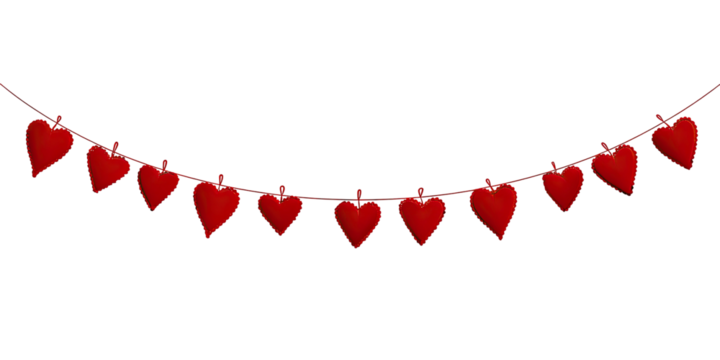 Red heart garland strung on a thin line against a black background