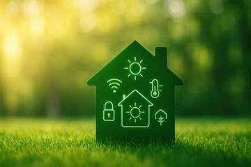 Smart home energy storage. Green house icon representing smart and eco-friendly technology in a natural setting.