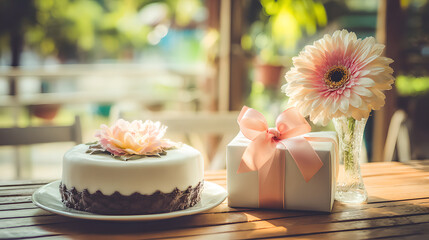 A charming cake with a floral decoration, a gift box, and a flower in soft outdoor light.
