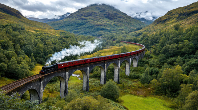 Steam train travels across scenic viaduct, surrounded by lush green hills and misty mountains