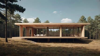Obraz premium Forest-surrounded minimalist house, natural materials, clean geometry, 3D rendering