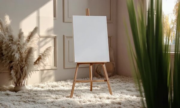 
A simple white canvas on an easel in the center of a sunlit room with fluffy cream-colored carpet and soft pastel hues