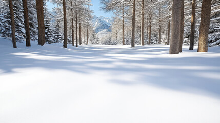Fototapeta premium Snowy landscape with tall trees casting shadows pristine white field, creating serene atmosphere
