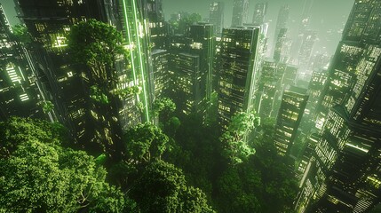 Obraz premium Futuristic Eco-City: Green Glow, Aerial View, Bio-Integrated Skyscrapers