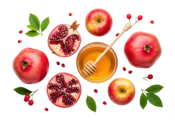 Pomegranates Apples Honey Bowl And Honey Dipper On food fruit