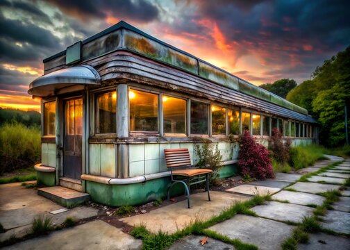 Vintage streamliner diner illuminated by sunset amidst lush greenery and dramatic clouds