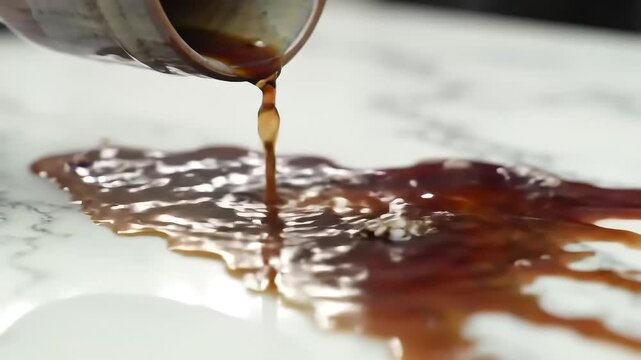 Dark liquid pouring from a ceramic container, creating a spreading puddle on a white surface.