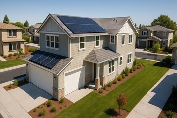 Smart home energy storage. Modern house with solar panels in a suburban neighborhood, featuring lush landscaping and clear skies.