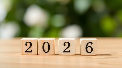 2026 Wooden Number Blocks on Wooden Table with Green Bokeh Background
