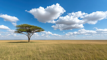 Obraz premium Vast savanna landscape features solitary tree bright blue sky filled with fluffy clouds